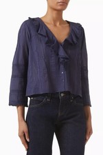 Doen Huguette Adriatic Women's Pin Tuck Crochet Laced Cotton Blouse Tunic Top XS