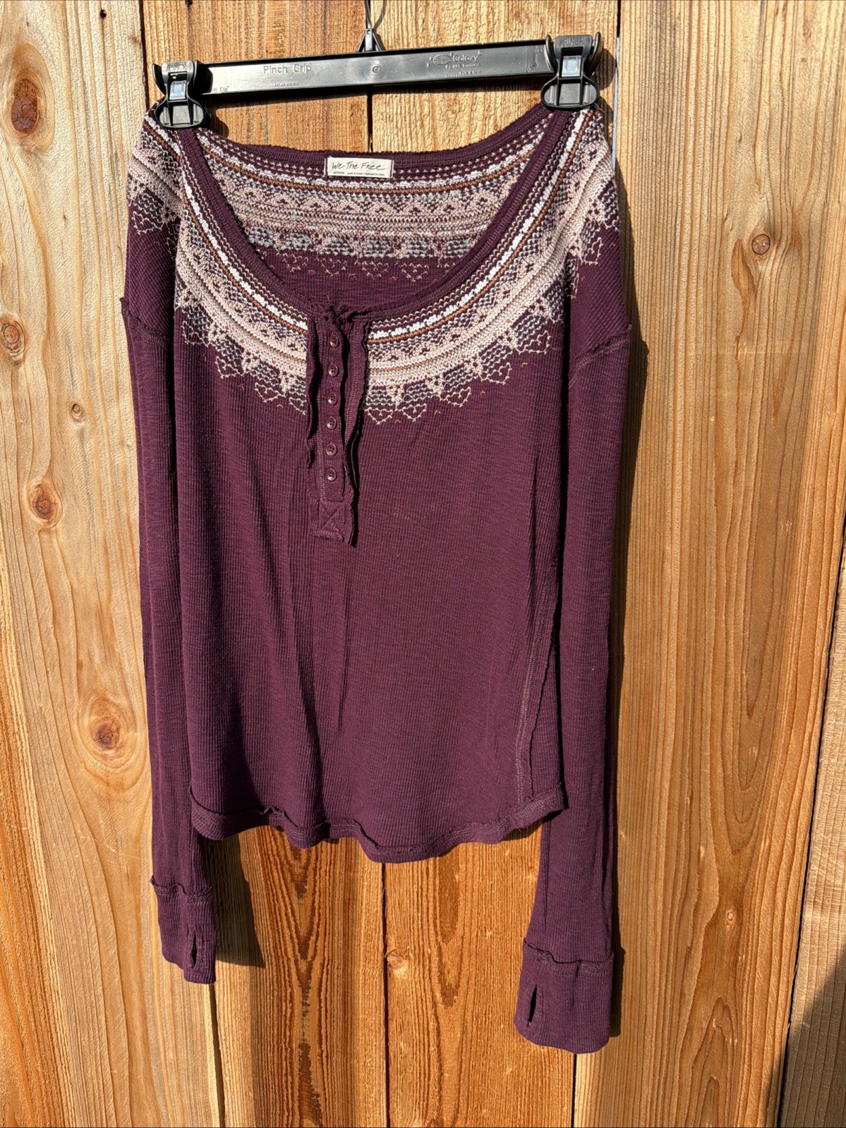 We The Free Free People Maroon Fair Isle Henley Knit Top Women’s Medium Boho