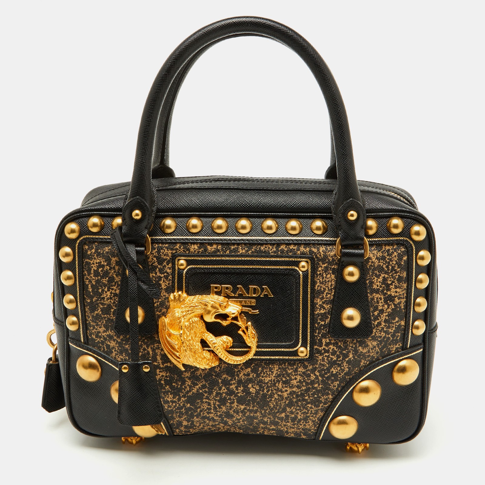 Prada Black Saffiano Leather Embellished Bauletto Bag