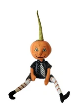 Vintage Halloween Decor Primitive Style Pumpkin Head Boy Doll Shelf Sitter