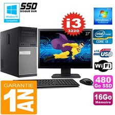 PC Tour DELL 7010 Core I3-3220 Ram 16Go Disque 480 Go SSD Wifi W7 Ecran 27"