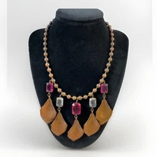 Vintage Copper Tone Bib Necklace Arts & Craft Lucite Faceted Beads 16” 3” Drop