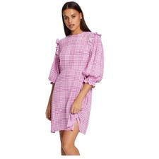 Faithfull The Brand Mini Dress L Edwina Pink Djerra Check Puff Sleeve Preppy
