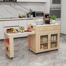 Retractable Kitchen Island Storage Cabinet with Power Outlet and Casters