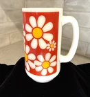 Vintage Anchor Hocking Milk Glass Mug Daisies  Flower Power Tall Rare