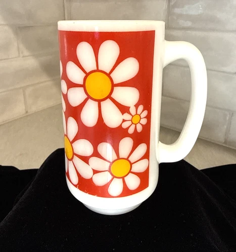 Vintage Anchor Hocking Milk Glass Mug Daisies  Flower Power Tall Rare