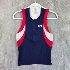 TYR Tank Top Mens Small Blue Red Sleeveless Quarter Zip Triathlon Cycling Jersey