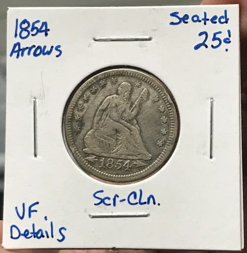 1854 Arrows 25C Silver Liberty Seated Quarter Dollar VF Details Cleaned