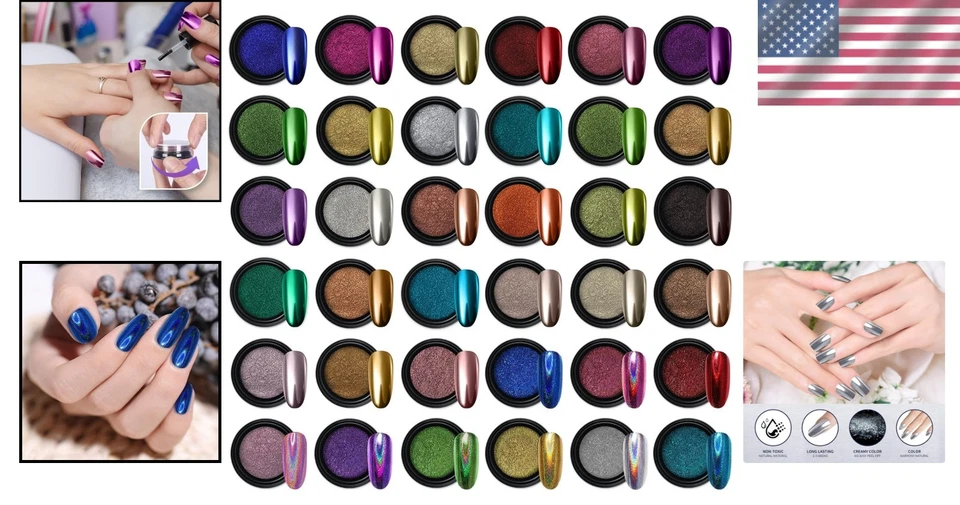 Colección de polvo cromado para arte en uñas: 36 frascos de pigmentos metálicos efecto espejo Foto 2 de 4