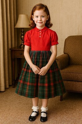 Vintage 1950s Little Star Girls Dress Sz 10 Red Green Plaid Peter Pan Collar