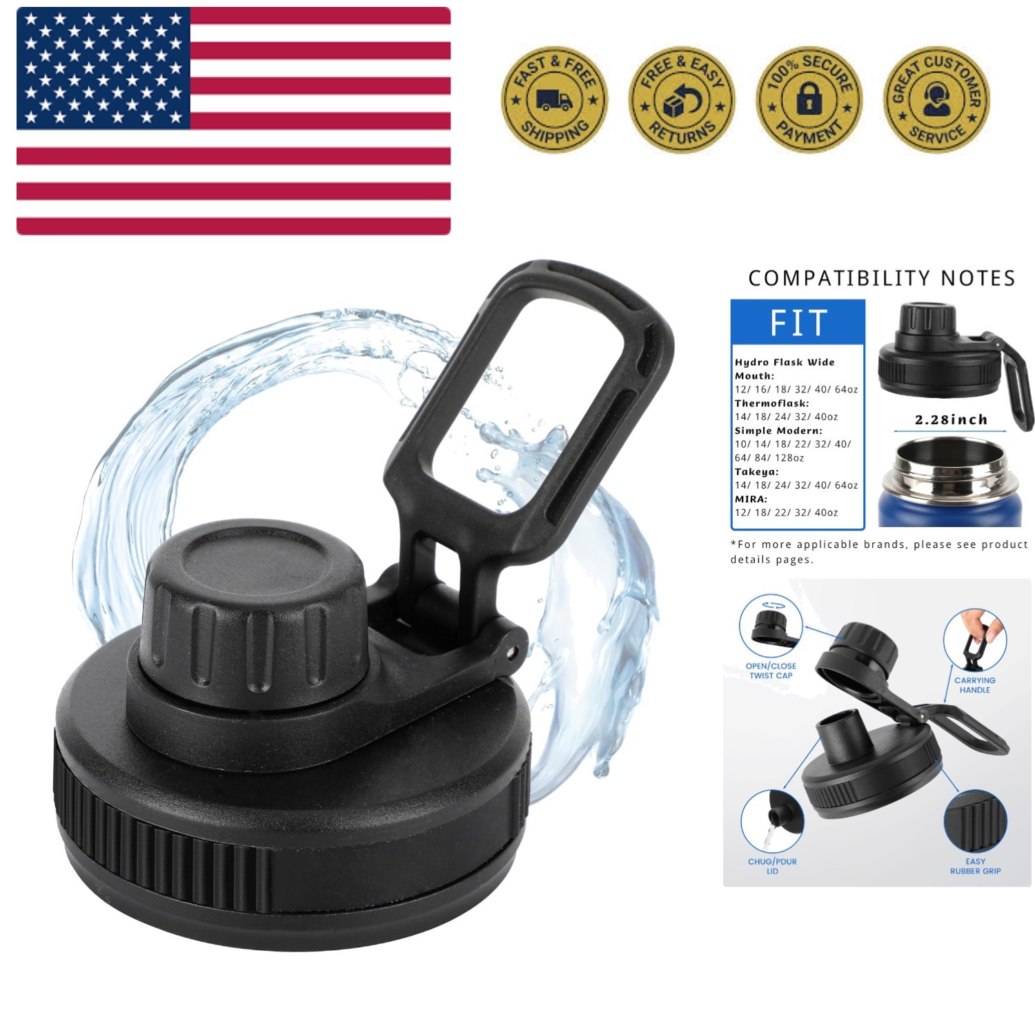 Spout Lid Replacement for Hydro Flask Wide Mouth 12, 16, 18, 32, 40, 64 OZ, C...