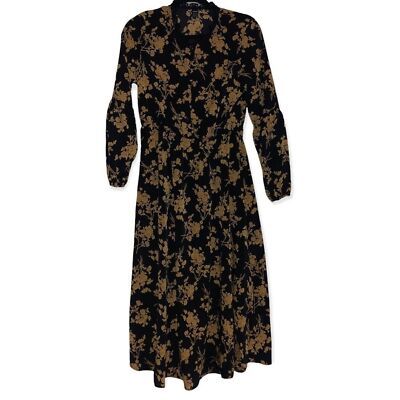 Women's 6 Black and Gold Floral Midi Long Sleeve Dress | eBay