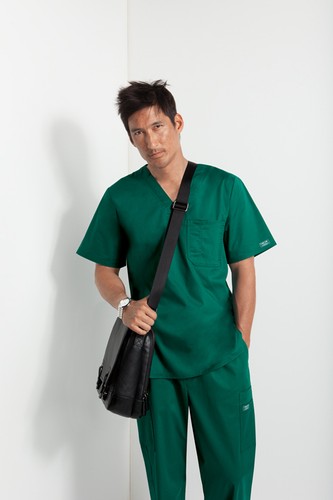 Cherokee Scrubs Workwear Men's Scrub Top 4743 Hunter Green HUNW Cherokee Stretch - Picture 2 of 3