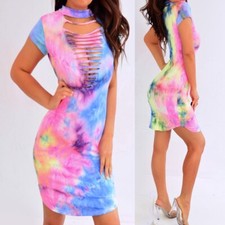 Blue Pink Yellow Green Tie Dye Short Sleeve Mini Dress M Medium NWT