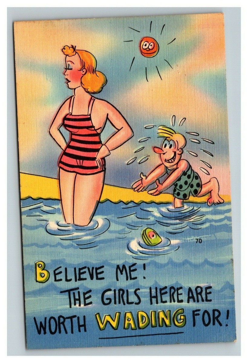 Vintage 1940's Comic Postcard Man Watches a Beautiful Woman at the