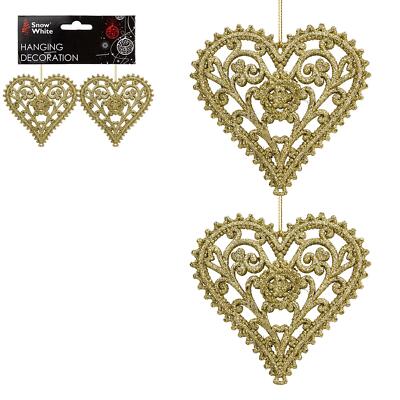Gold Glitter Christmas Tree Decoration 2 Pack Hearts