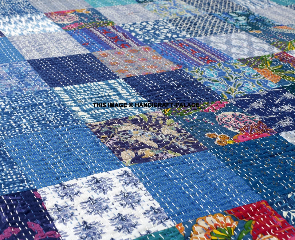 Colcha india hecha a mano azul Kantha manta de algodón Gudri Queen Foto 3 de 4