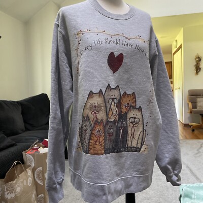 Port & Co. Gray Long Sleeve Every Life Should Have Nine Cats Sweatshirt Large