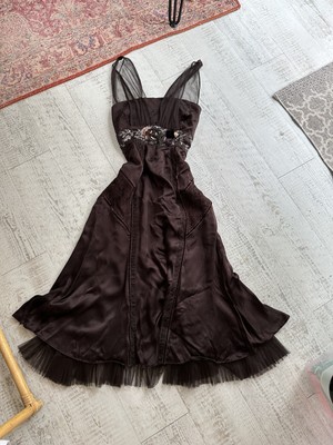 Karen Millen Brown Silk Vintage Lace Satin Style Dress Rose Embellished  Size 12 | eBay UK