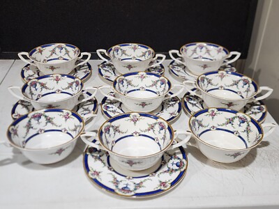 LOT -Royal Worcester Rosemary 9 Footed Cream Soup Bowls 7 Saucers Blue Floral