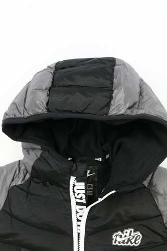 Nike Boys Hooded Puffer Jacket Black Gray White Sz 4-XS 5-S 6-M 3D Logo Zipped - Picture 2 of 27