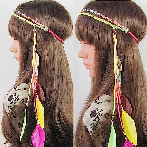 Zoestar Boho Feather Headband Vintage Headpiece Hippie Indian Beaded Hair Band Festival Tribal Hair Accessories for Women and Girls