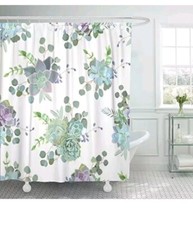 Shower Curtain Flower White Green Purple Succulent Echeveria 71 x 58 inches