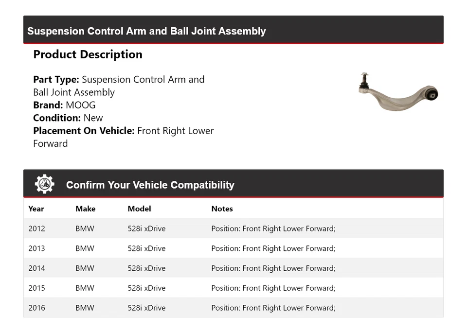 Brazo de control delantero derecho inferior delantero MOOG 2012-2016 BMW 528i xDrive Foto 2 de 4