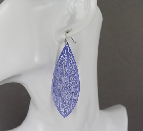 Periwinkle earrings teardrop dangle VERY lightweight filigree 3" long oval leaf - 第 1/10 張圖片