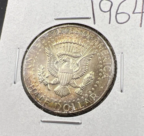 1964 P 50c Kennedy Silver Half Dollar CH BU UNC Rainbow Toning Reverse SKU#BRN