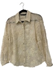 Zara Womens Shirt Medium Ecru Semi-Sheer Floral Textured Sequin 8709/749 NWT