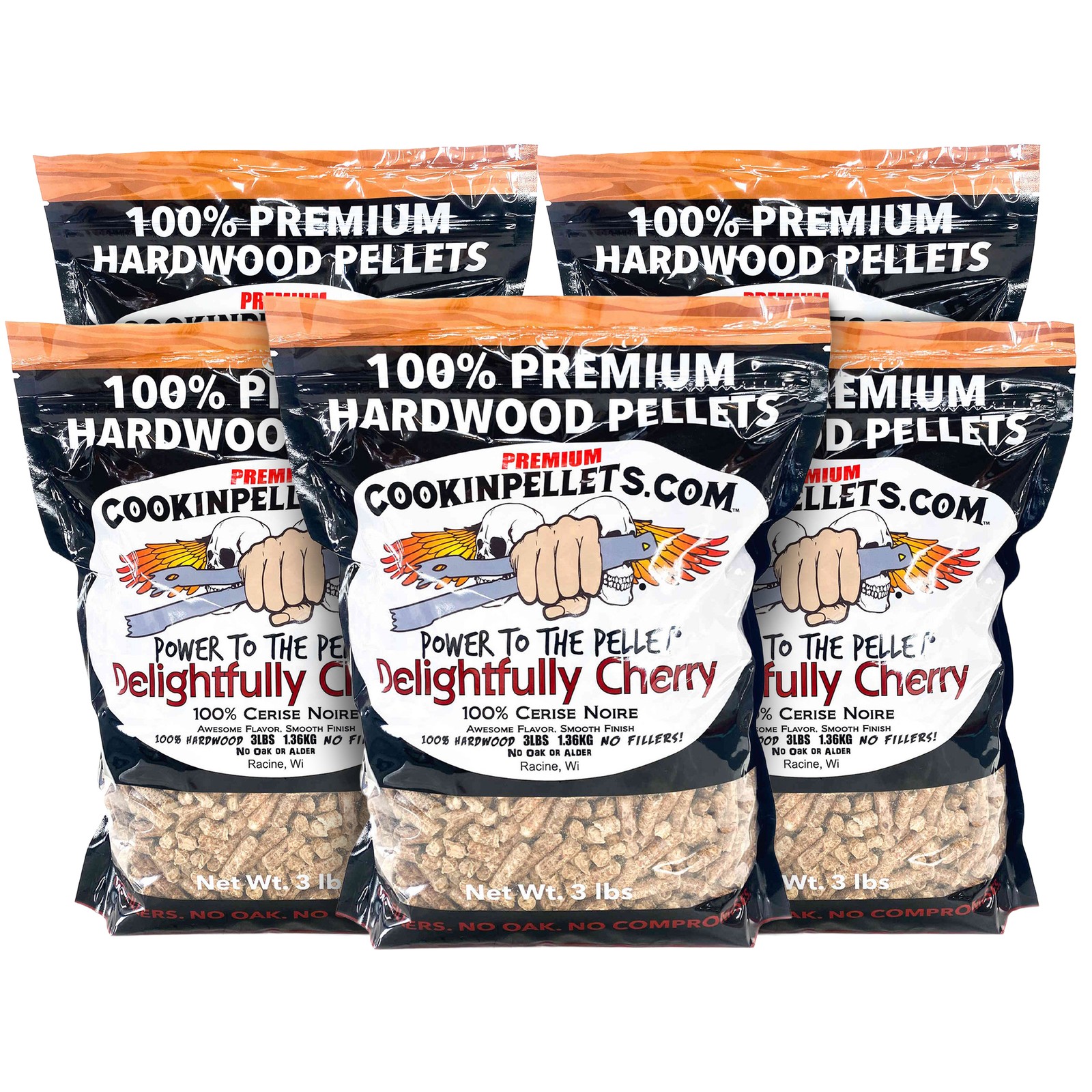 CookinPellets Delightful Cherry Wood Pellets, Indoor Outdoor Smoker, 3lb, 5 Pack