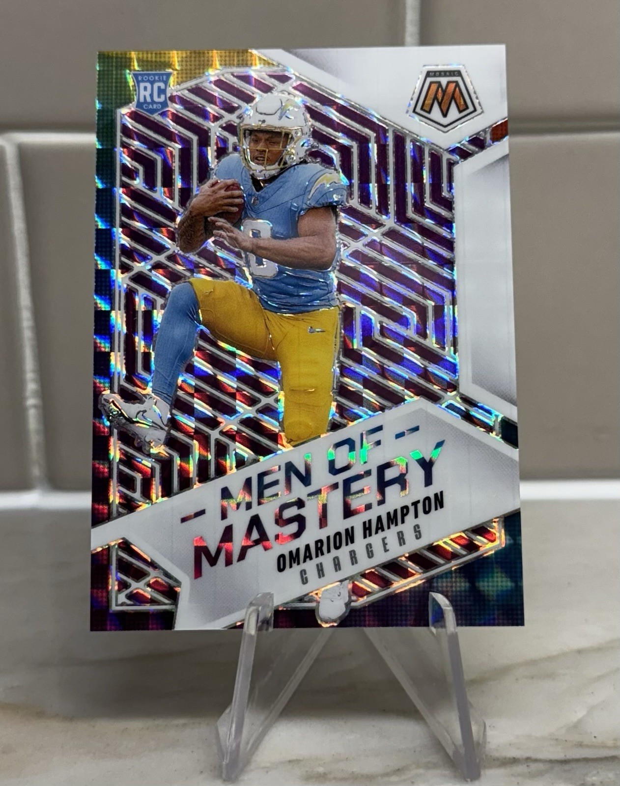 2025 Panini Mosaic Men of Mastery #16 Omarion Hampton Purple Mosaic /49 SSP RC