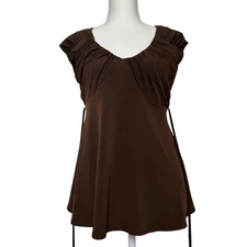 Y2K Babydoll AB Studio Brown Ruched V Neck Cap Sleeve Tie Waist Top Size S