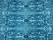Sequin Lace Fabric Teal Blue Embroidered Damask Tulle Luxury Bridal