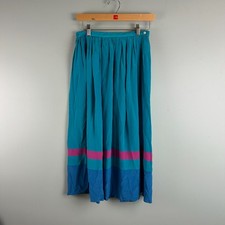 VTG CAROLE LITTLE St-Tropez West 100 Silk Full Skirt Turquoise Stripe 10 Boho