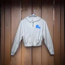No Boundaries Women's Juniors XS 0-2 White Zip-up Hoodie Blue Hibiscus Flower