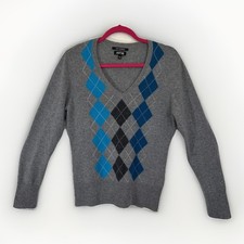 Apt 9 Cashmere Argyle Sweater Large Gray Blue Diamond Preppy Academia Luxury Y2K