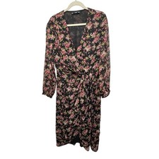MNG Mango Womens Dress Floral Wrap Knot Front Midi Size L Black Pink Chiffon