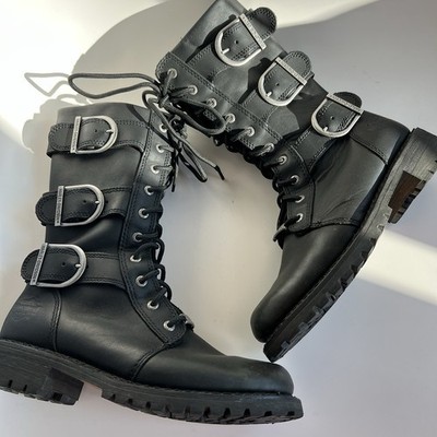 Harley Davidson Black Leather Harness Buckle Biker Moto Boots Women s 7.5