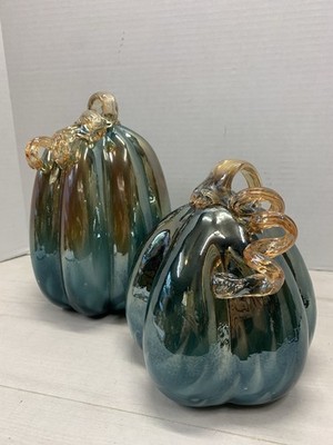 Hand-blown Art Glass Pumpkins With Metallic Iridescent Teal Body With Amber Vine
