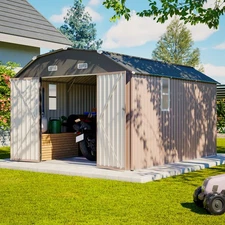 10x12 FT Metal Outdoor Storage Shed Tool Shed with Floor Heavy Duty Brown Garden