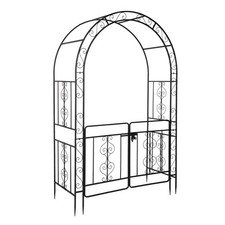 7FT Garden Arch Trellis with Gate Black Metal Arbor Double Roof Climbing Plants