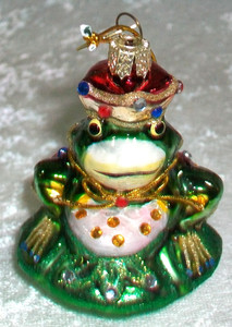 Vintage Kurt Adler KSA Prince Charming Green Handblown Glass Frog King Ornament
