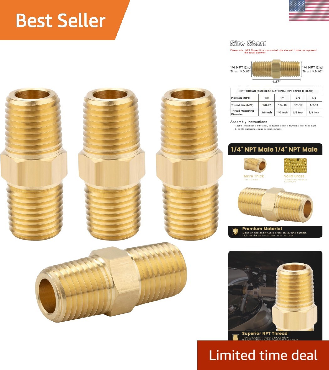 High-Quality 4-Pack Brass Hex Nipples 1/4 NPT - Easy Installation & Reliable