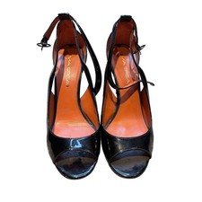 Via Spiga Black Patent Leather Peep Toe Heels Ankle Strap Pumps Women's 7.5M