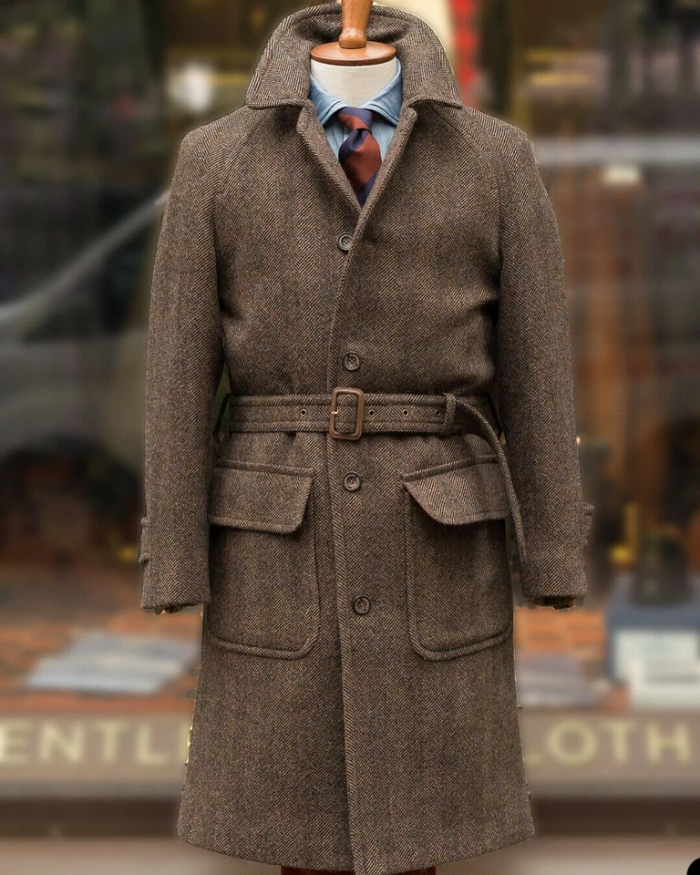 Tweed Men's Overcoat Herringbone Wool Blend with Belt Casual Sports Long Jacket - Image 3 of 4