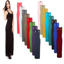 Women's Long Maxi Dress Ladies Stretch Body-con Sleeveless Plain Racer Back Vest