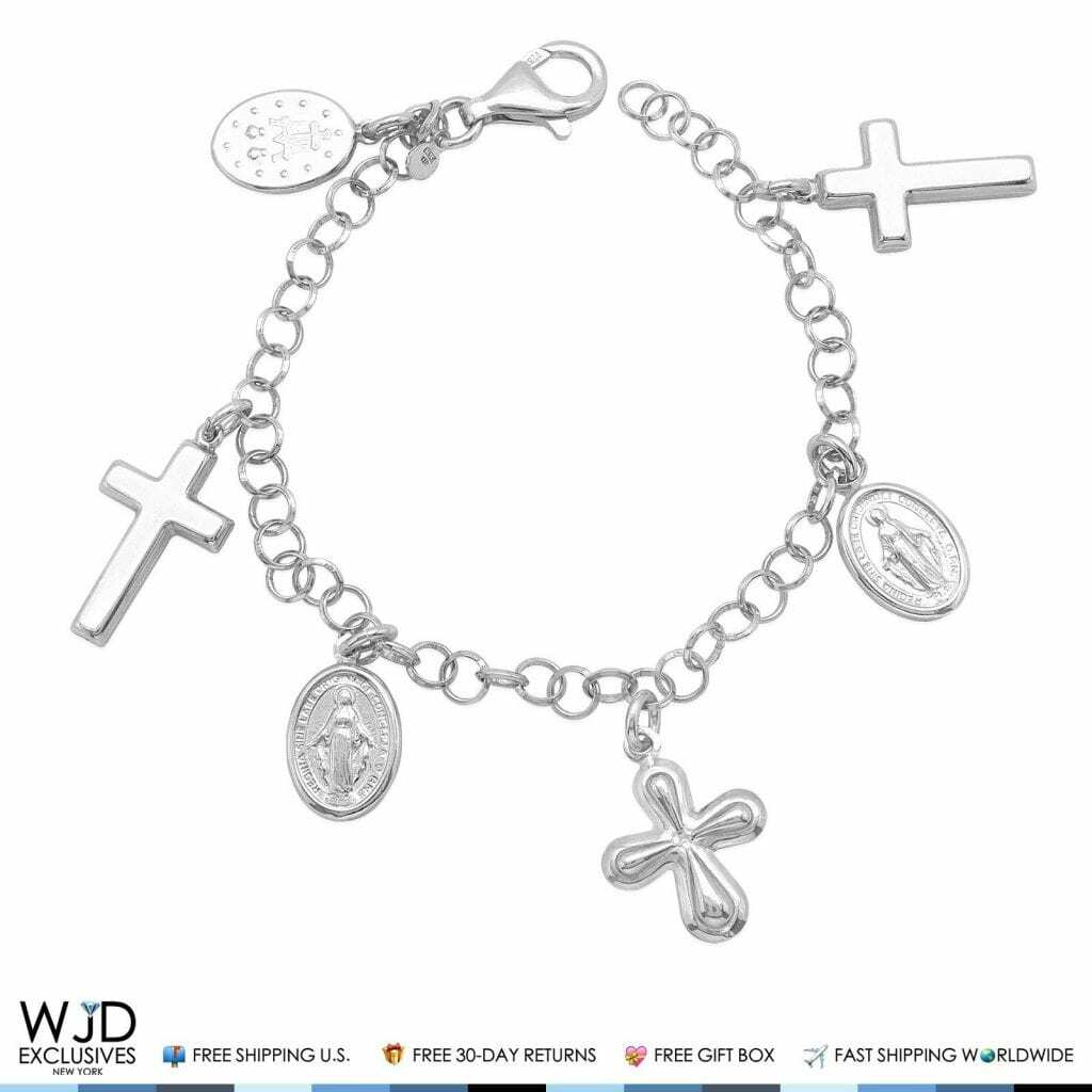 925 Sterling Silver Rolo Chain Cross Virgin Mary Religious Charm