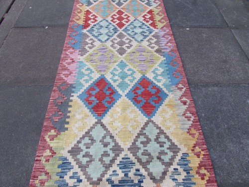 Vintage Traditional Hand Made Oriental Pink Wool Narrow Kilim Runner 300x84cm - Picture 2 of 14